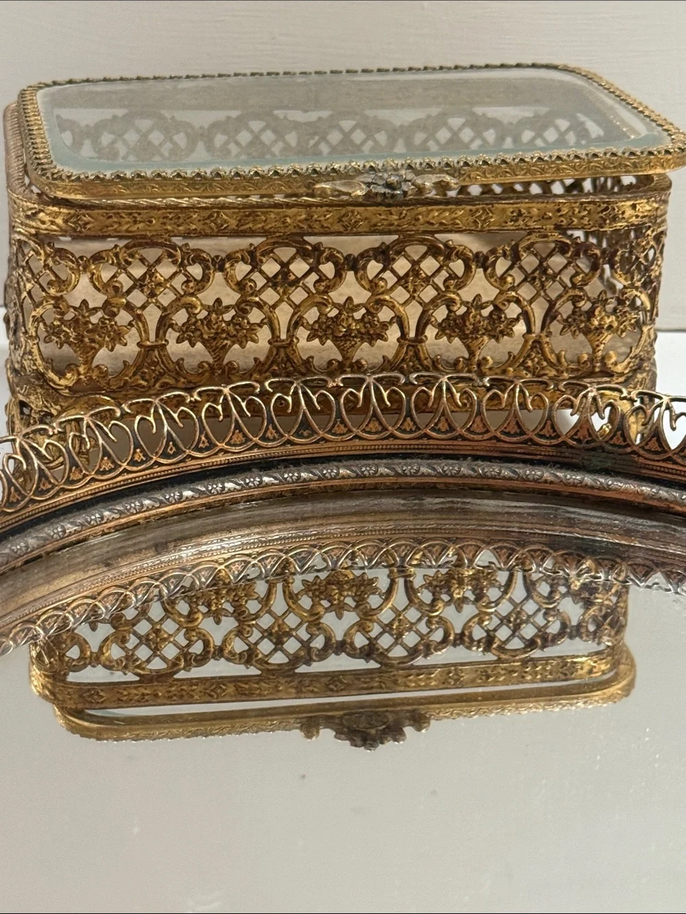 Vintage Ormolu Ornate Gold Brass Glass Jewelry Trinket Box & Round Mirrored Tray